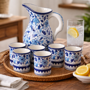 handcrafted blue pottery water set – jug with 6 glasses