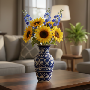 Handcrafted Blue Pottery Flower Vase – Floral Design (8 × 4.5 Inches)