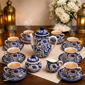 handcrafted blue pottery tea set – traditional floral design