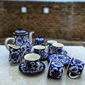 handcrafted blue pottery tea set – traditional floral design