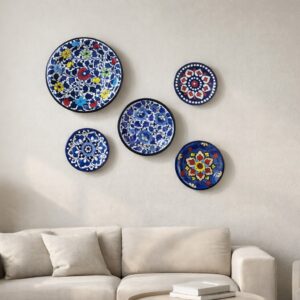 handcrafted blue pottery wall plate set of 5 – artistic wall décor