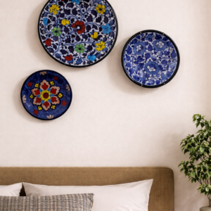 handcrafted blue pottery wall décor plate set (set of 3) – 10.5”, 8” & 6” floral ceramic plates