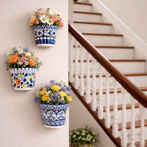 handcrafted blue pottery hanging planters set of 3 | wall mounted ceramic flower pots