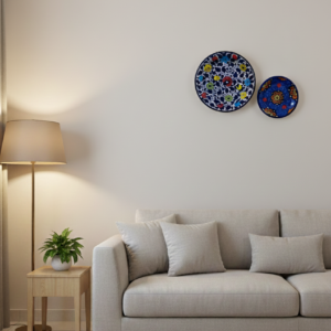 handcrafted blue pottery wall plate set (10.5” & 8”) – traditional floral ceramic wall décor