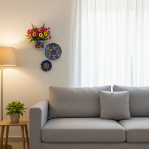 handmade blue pottery wall décor set with hanging planter | 3 piece artistic wall accent