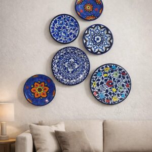 handcrafted blue pottery wall plates – set of 6 (mixed sizes)