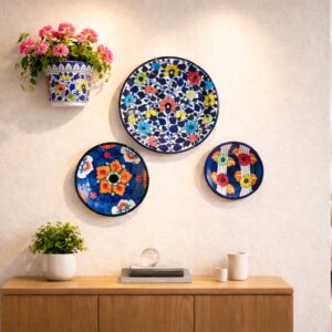 handcrafted multani blue pottery wall decor set with planter (4 piece luxury wall art)