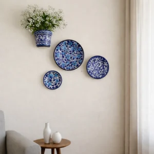 handcrafted multani blue pottery wall decor set with planter (4 piece luxury wall art)