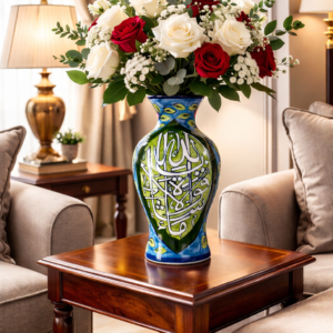 14 inch handcrafted arabic calligraphy ceramic vase – glossy hand painted decorative living room table vase