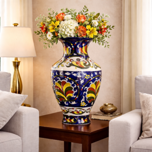 handcrafted blue pottery decorative vase with floral design – 20 × 9 inches