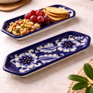 6 inch handmade blue pottery serving tray – rectangular ceramic snack plate for dates & dry fruits
