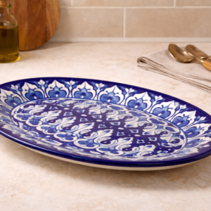 12 inch blue pottery oval serving tray – handcrafted ceramic platter for dining & table decor