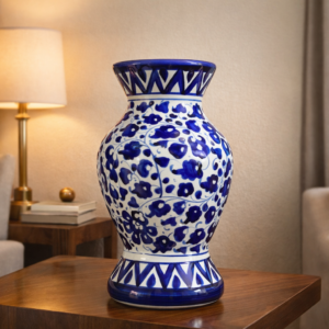 12 inch medium blue pottery vase – handcrafted glossy ceramic floral decorative vase for living room & table décor