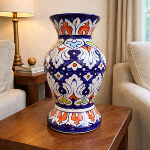 12 inch handcrafted blue pottery vase – multicolor floral ceramic decorative vase for living room & home décor