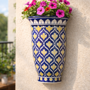 9 inch handcrafted blue pottery wall planter – elongated ceramic hanging flower pot for indoor & outdoor décor