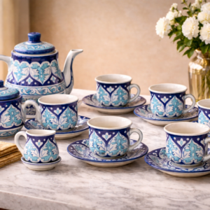 handcrafted blue pottery tea set – 6 cups with saucers, sugar pot & milk pot