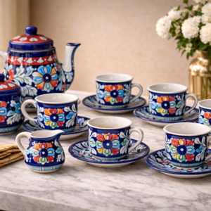 handcrafted blue pottery tea set – 6 cups with saucers, sugar pot & milk pot