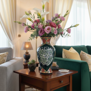hand painted 14 inch emerald green ceramic calligraphy vase – elegant islamic art floral decor for living room corner tables