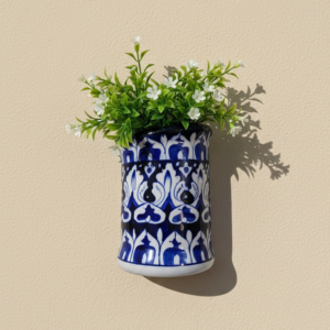handcrafted blue pottery wall planter (7 inch) – traditional floral ceramic wall vase for indoor & outdoor decor