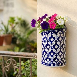 7 inch handcrafted blue pottery wall planter – long vertical ceramic wall hanging flower pot for indoor & outdoor décor