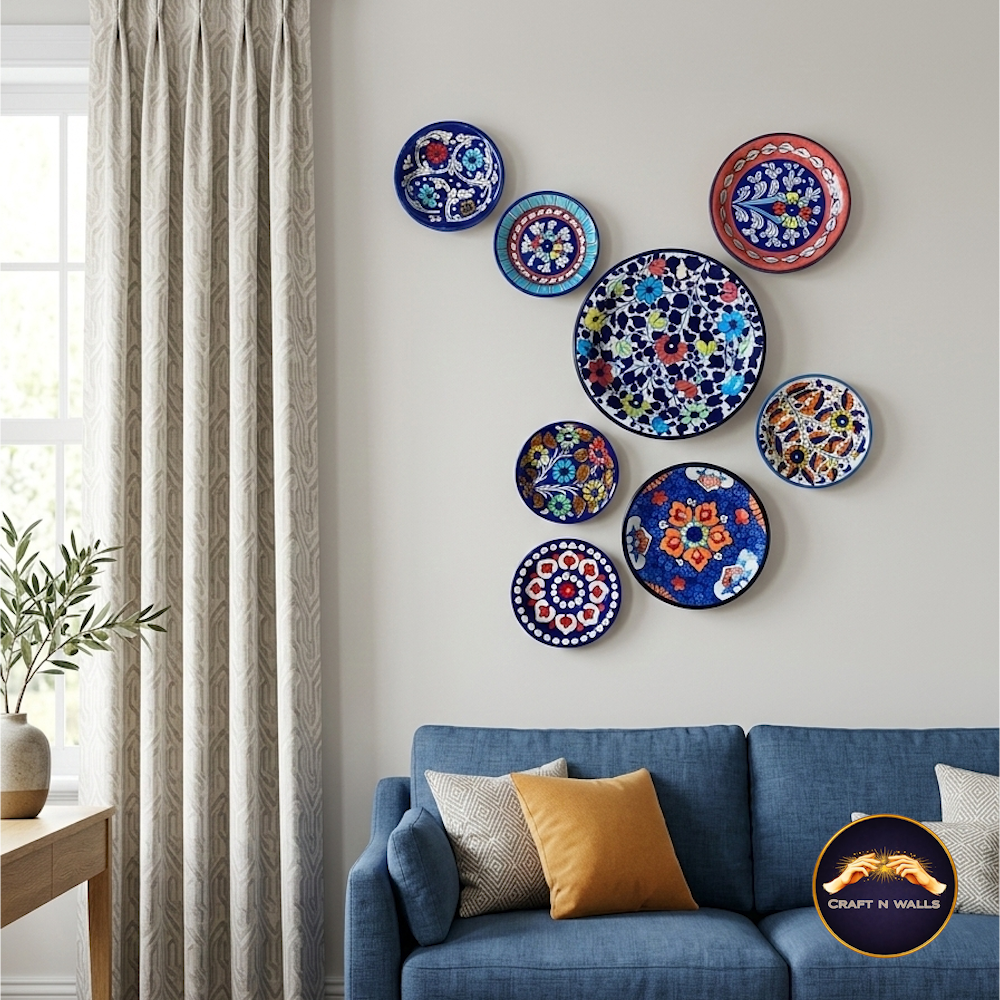 8 piece handcrafted ceramic wall plates set – decorative blue & mustard wall decor (6”, 7”, 8” & 9.5” mix sizes) 8 piece handcrafted ceramic wall plates set – decorative blue & mustard wall decor (6”, 7”, 8” & 9.5” mix sizes)