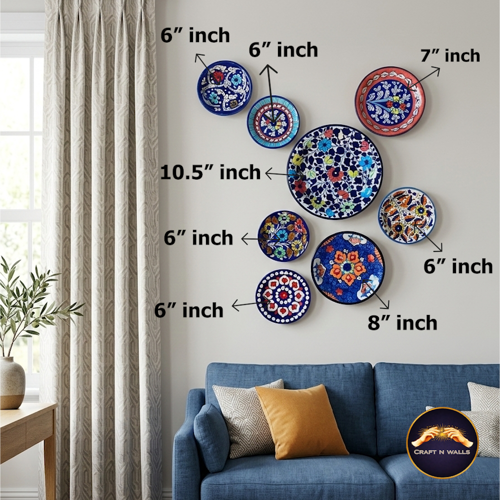 8 piece handcrafted ceramic wall plates set – decorative blue & mustard wall decor (6”, 7”, 8” & 9.5” mix sizes) 8 piece handcrafted ceramic wall plates set – decorative blue & mustard wall decor (6”, 7”, 8” & 9.5” mix sizes)