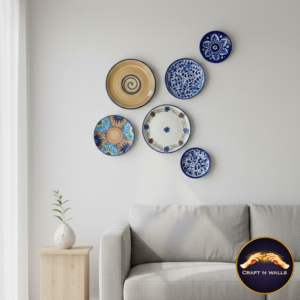 handcrafted ceramic wall plate set (6”, 8”, 9.5”) – decorative blue & multicolor wall art plates for living room & home décor