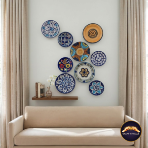 handcrafted blue pottery wall plates décor – set of 9 (6”, 7”, 8” & 9.5” inches) | traditional ceramic wall art for living room & dining area