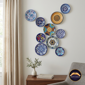 hand painted ceramic wall plate decor set of 10 blue and mustard yellow pottery art for living room craft n walls signature collection