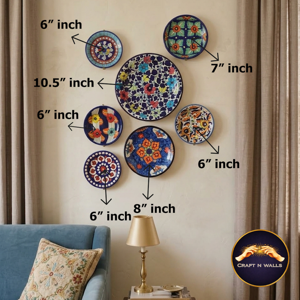 handcrafted ceramic wall plates set (7 pieces) – blue & mustard decorative wall art – 6”, 8” & 9.5” inch hanging plates handcrafted ceramic wall plates set (7 pieces) – blue & mustard decorative wall art – 6”, 8” & 9.5” inch hanging plates