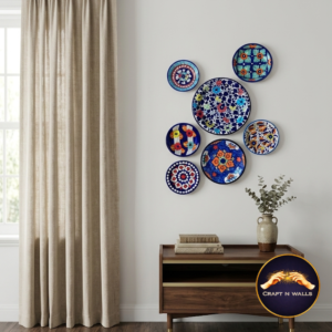 handcrafted ceramic wall plates set (7 pieces) – blue & mustard decorative wall art – 6”, 8” & 9.5” inch hanging plates