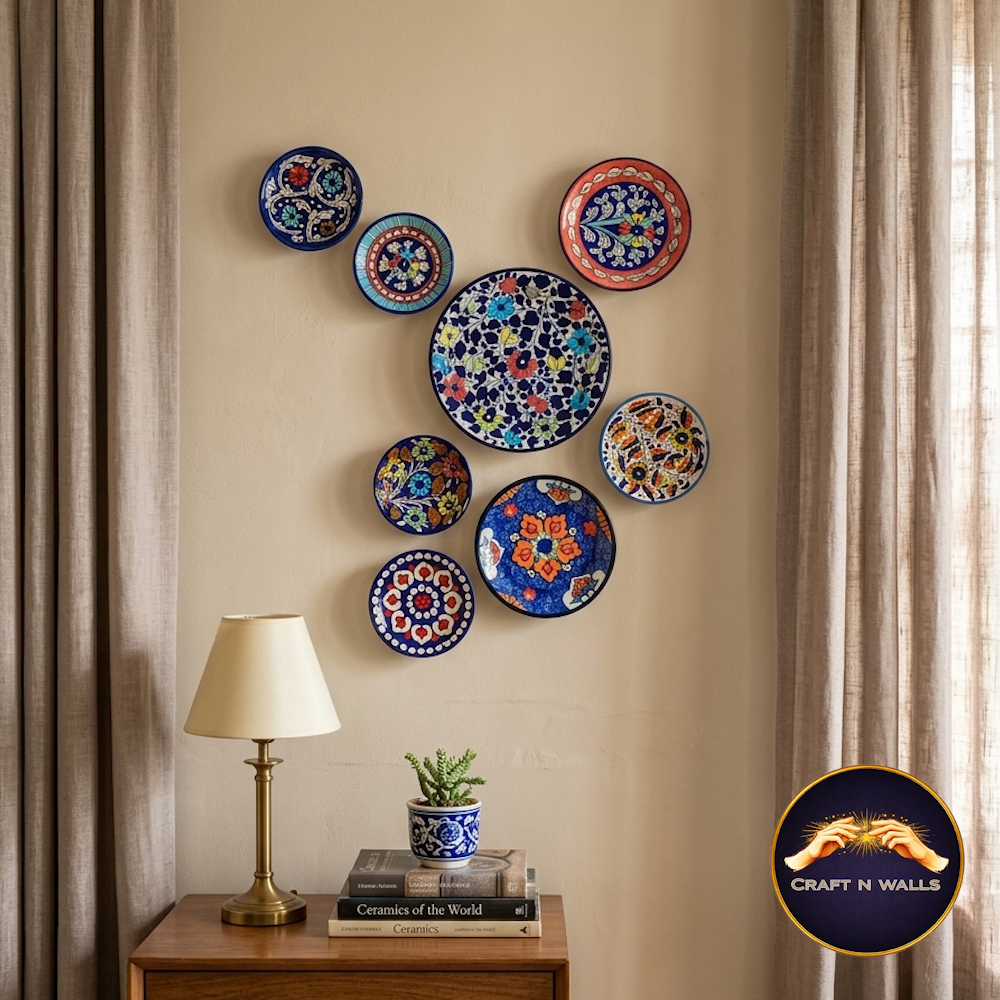 8 piece handcrafted ceramic wall plates set – decorative blue & mustard wall decor (6”, 7”, 8” & 9.5” mix sizes) 8 piece handcrafted ceramic wall plates set – decorative blue & mustard wall decor (6”, 7”, 8” & 9.5” mix sizes)