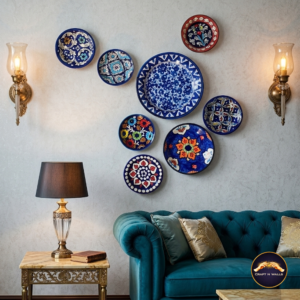8 piece handcrafted ceramic wall plates set – decorative blue & mustard wall decor (6”, 7”, 8” & 9.5” mix sizes)