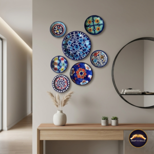 handcrafted ceramic wall plates set (7 pieces) – blue & mustard decorative wall art – 6”, 8” & 9.5” inch hanging plates