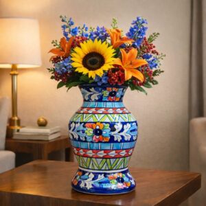 12 inch handcrafted multicolor blue pottery vase – medium decorative ceramic flower vase for living room & home décor