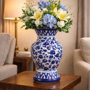 12 inch medium blue pottery vase – handcrafted glossy ceramic floral decorative vase for living room & table décor