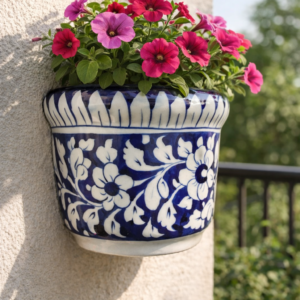 handmade blue pottery wall planter – 6 inch ceramic hanging planter for indoor & outdoor wall decor