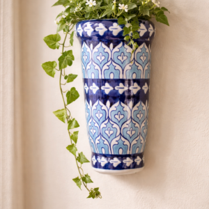 9 inch handmade blue pottery wall planter – long ceramic hanging plant pot for indoor wall décor
