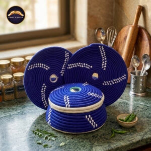 handcrafted blue & white coiled thread bread basket (changair) set – 3 piece traditional artisanal tableware & wall decor