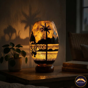 12 inch handcrafted desert silhouette table lamp – artisanal camel & palm tree shadow art lamp for warm ambient lighting