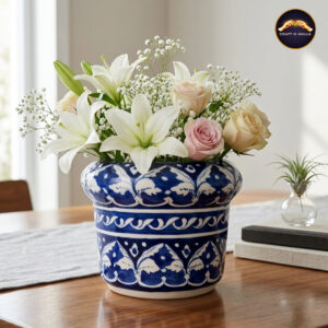handcrafted blue and white floral ceramic planter – artisanal glazed decorative vase for modern home decor