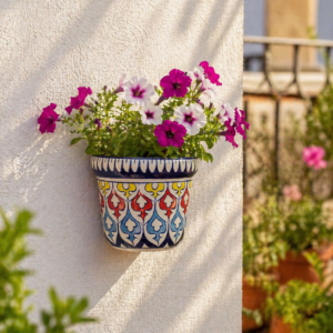 6 inches hand painted blue pottery wall planter | ceramic hanging flower pot for balcony & outdoor decor