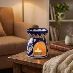 handcrafted blue pottery aroma oil burner traditional hand painted floral ceramic essential oil warmer & tealight candle holder
