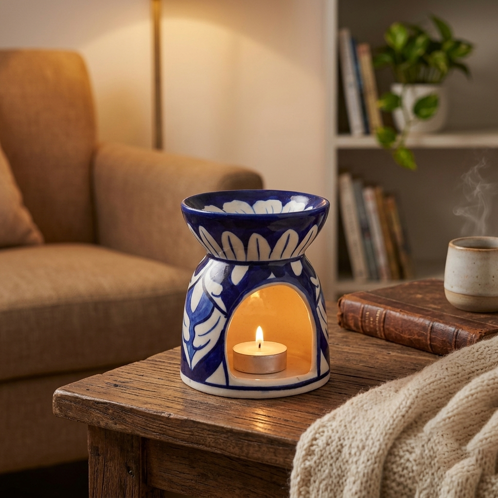 handcrafted blue pottery aroma oil burner traditional hand painted floral ceramic essential oil warmer & tealight candle holder handcrafted blue pottery aroma oil burner traditional hand painted floral ceramic essential oil warmer & tealight candle holder