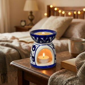 handcrafted blue pottery aroma oil burner traditional hand painted floral ceramic essential oil warmer & tealight candle holder