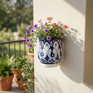 hand painted blue and white ceramic wall planter – traditional artisanal floral pottery for indoor and outdoor decor