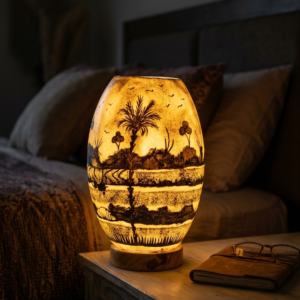 14 inch handmade camel skin lamp – hand painted palm desert scene table lamp for bedside & home decor