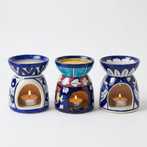 set of 3 handcrafted blue pottery aroma burners traditional hand painted floral ceramic essential oil warmers & tealight holders