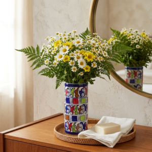 8 inch handmade blue pottery vase – hand painted multicolor stripe floral ceramic vase for home decor