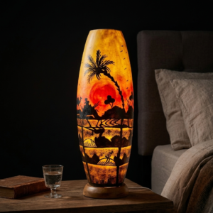 20 inch handmade camel skin lamp – hand painted palm sunset caravan table lamp for premium home decor